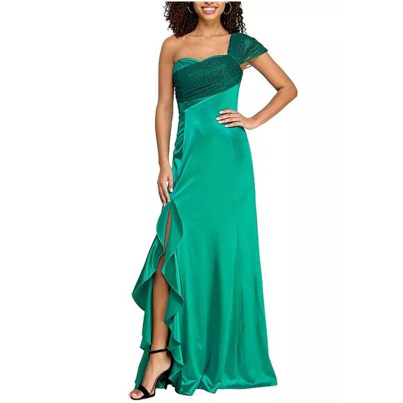 NWT Violet Weekend One Shoulder Satin Cascading Ruffle Gown Jade Size 17/18 - Picture 15 of 15